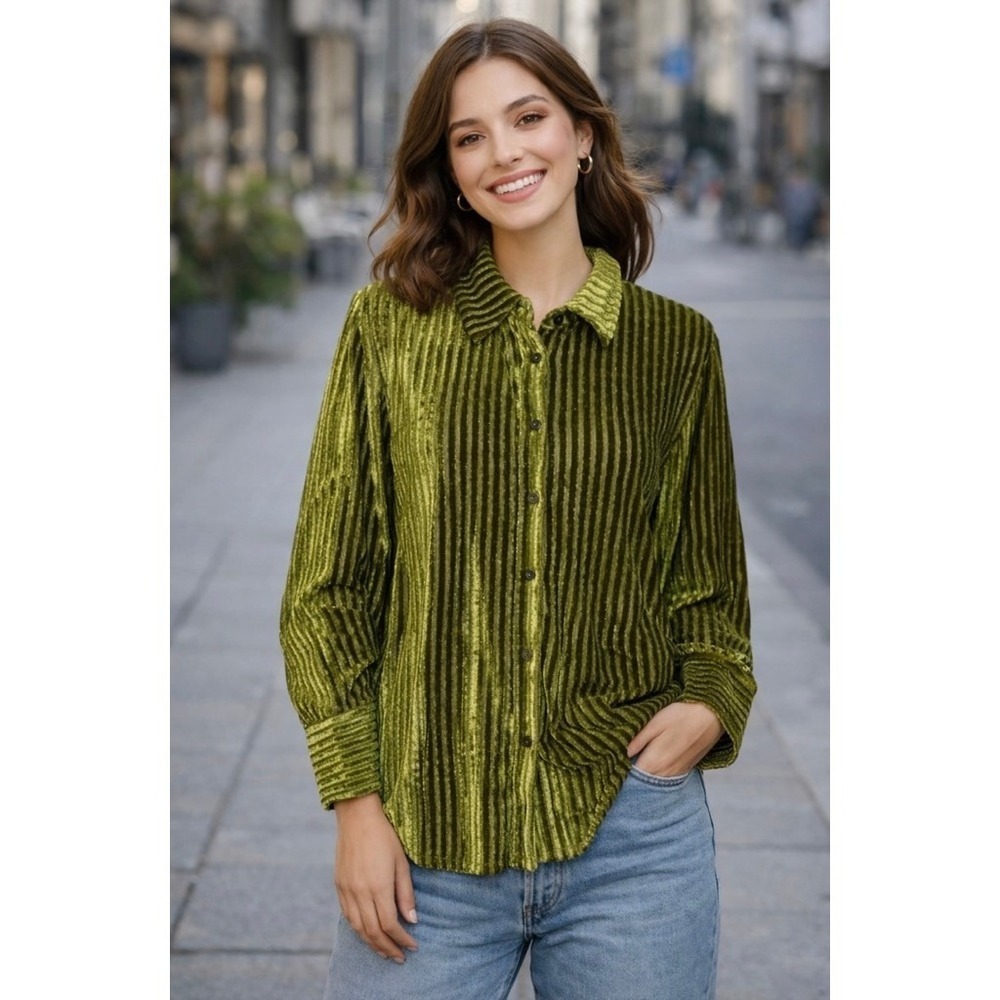 HOUSE OF HARLOW 1960 Green Velvet Stripe Buttondown Shirt Top Metallic Small
